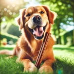 Golden Retriever Dog lying on grass chewing bully stick. What are bully sticks for dogs?