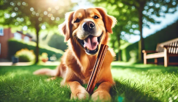 Golden Retriever Dog lying on grass chewing bully stick. What are bully sticks for dogs?